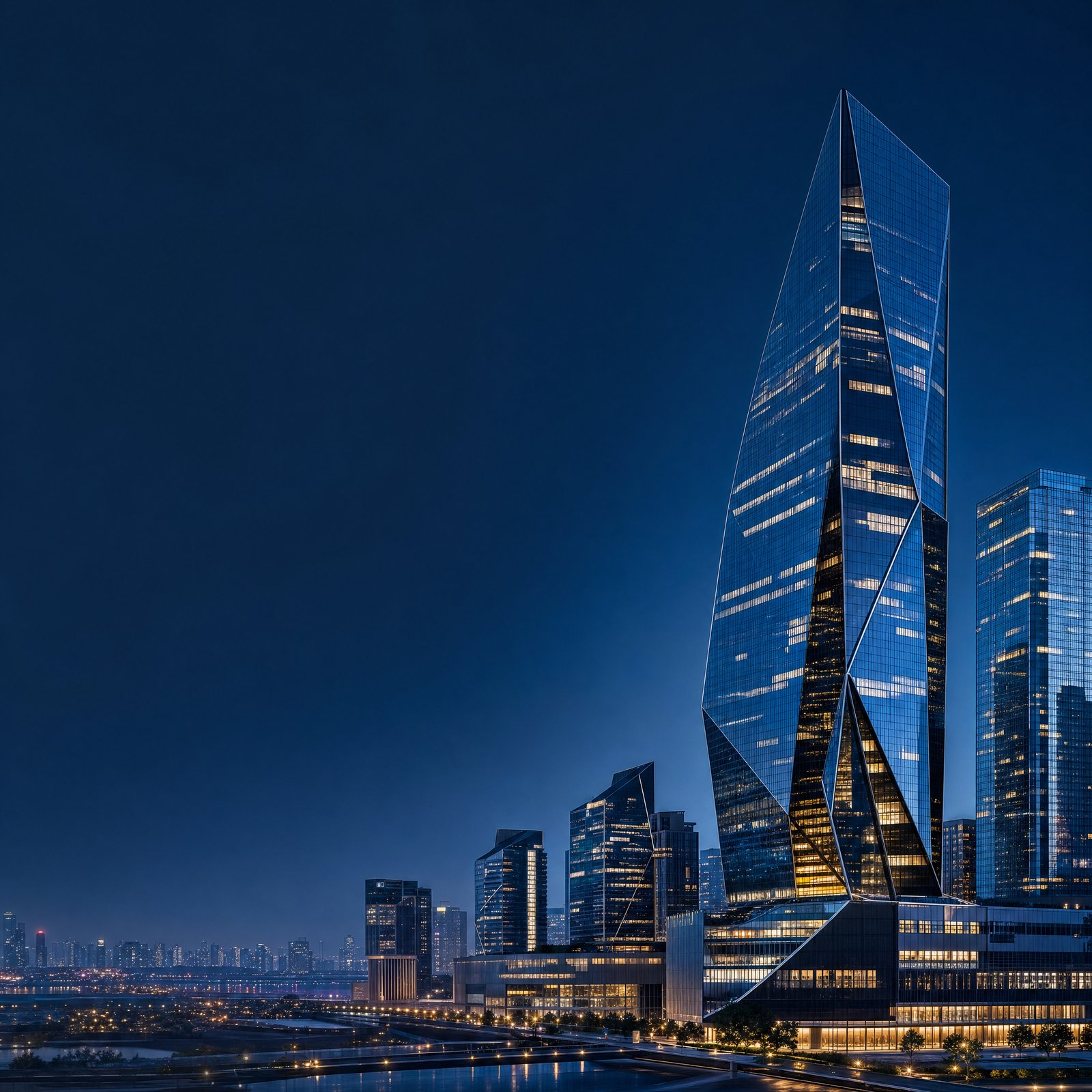 Gece aydınlatmalı modern gökdelen silüeti