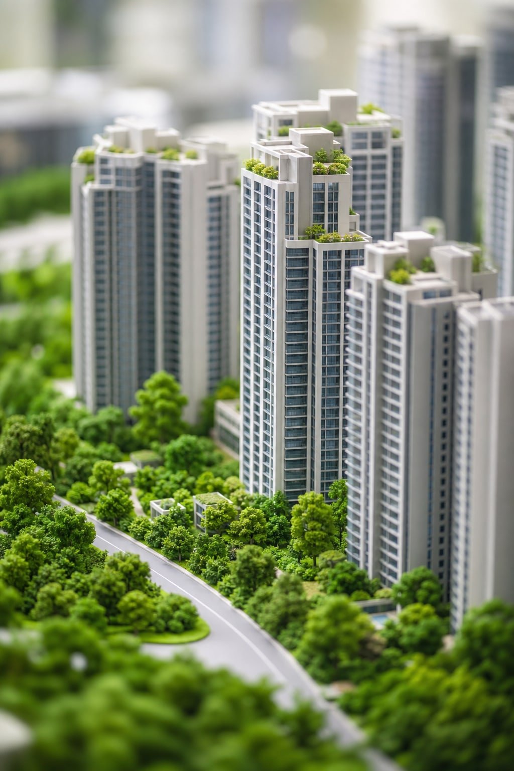 Yeşil dokuyla iç içe geçmiş modern konut kulelerinin maketi